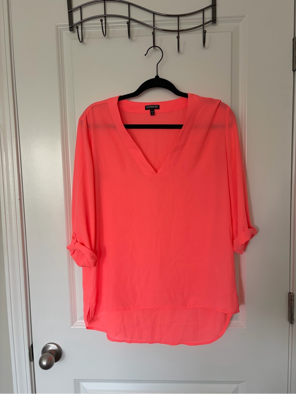 Express Women's Neon Coral V-Neck Roll-Sleeve Blouse